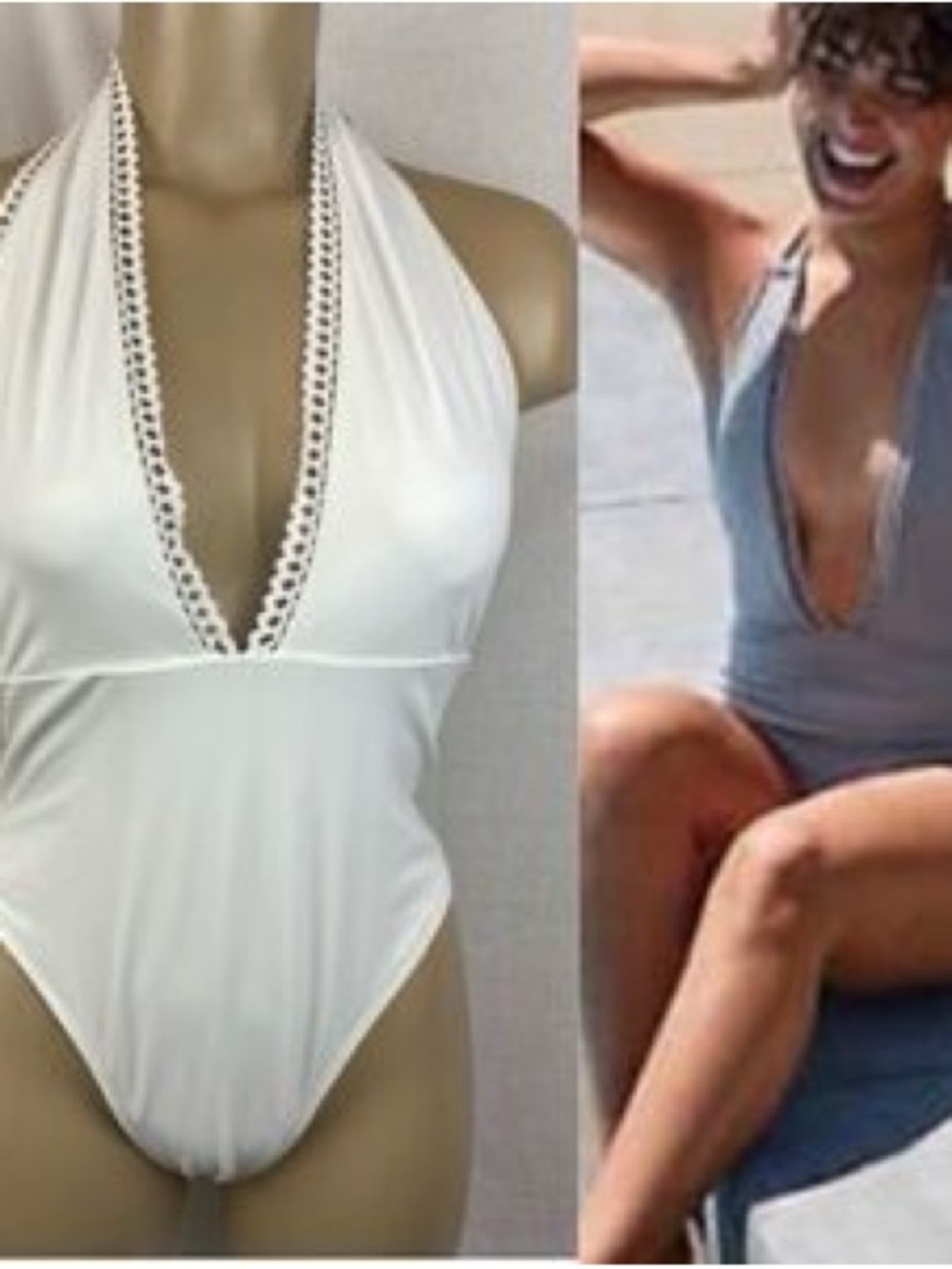 aerie White Plunge Halter One-Piece Swimsuit